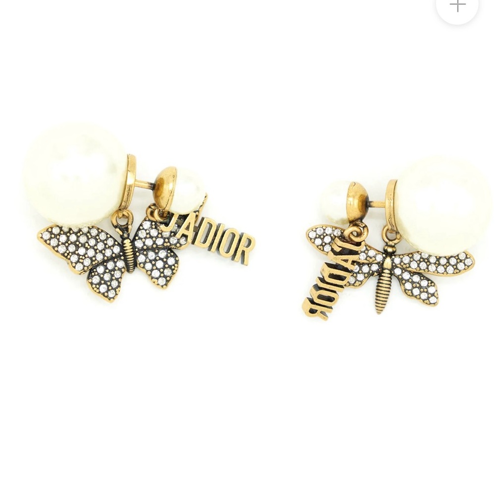 Dior j’adior butterfly and dragonfly tribal earrings in antique gold metal